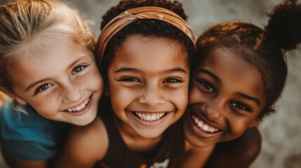 Fototapeta premium Closeup of three joyful kids, a Hispanic boy with short hair and a big smile, a white girl with a headband and bright eyes