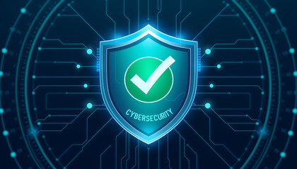 Digital shield with a checkmark in the center, cybersecurity assurance, trusted protection, and data security concept. Digital shield featuring a checkmark at the center, symbolizing cybersecurity