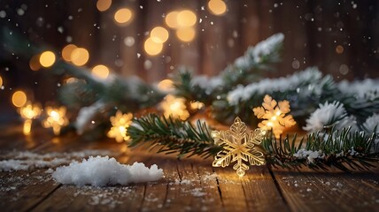 A festive banner featuring glowing fairy lights intertwined with snow-dusted pine branches and glittering snowflakes.