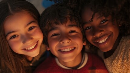 Obraz premium Closeup of three kids, a Hispanic boy with a bright smile and medium-length hair, a white girl with a joyful expression and long hair