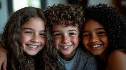 Obraz premium Closeup of three kids, a Hispanic girl with a playful smile and long hair, a white boy with a joyful grin and curly hair
