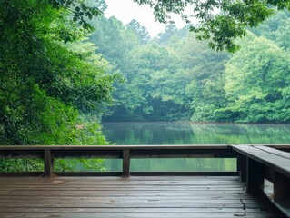 Obraz premium Tranquil Morning by the Lake Scenic Wooden Deck Nature Serene Environment Peaceful Relaxation Concept