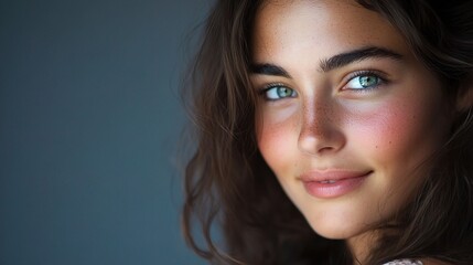 Naklejka premium Captivating Portrait of a Young Beautiful Woman with Sparkling Blue Eyes and a Radiant Smile, Emphasizing Natural Beauty and Positivity in a Softly Lit Setting