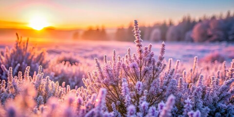 Serene sunrise illuminates frost-covered wildflowers in a picturesque field © Urenus Photos