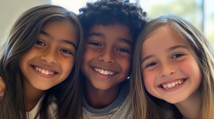 Fototapeta premium Closeup of three kids, a South Asian girl with a bright smile and long hair, a Black boy with a joyful grin and medium-length hair