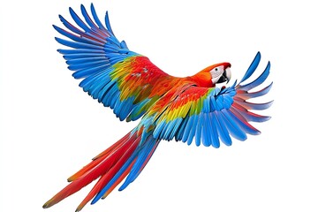 Fototapeta premium An lonely, colorful flying parrot against a white background. Generative Ai