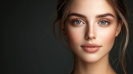 Naklejka premium Captivating Portrait of a Beautiful Young Woman in a Studio Setting with Soft Lighting and Stunning Facial Features