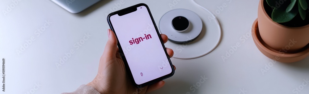 Aufkleber a hand holding a smartphone displaying a sign-in screen on a minimalist desk setup.