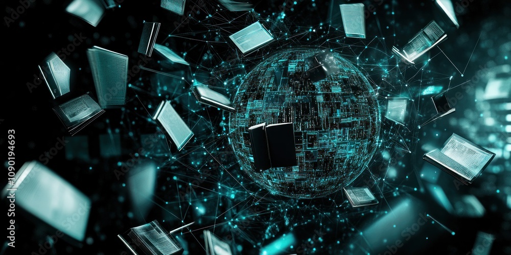 Poster a digital representation of books orbiting a globe, symbolizing knowledge and technology.