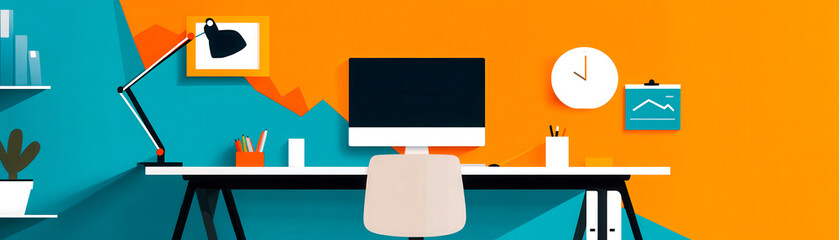 A modern workspace featuring a computer, desk lamp, and decorative elements against a colorful background.