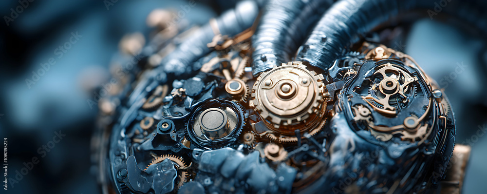 Poster a detailed close-up of a mechanical heart with intricate gears and mechanisms, rendered with a steam