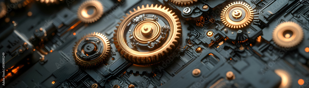 Aufkleber a close-up of metallic gears interlocking on a black circuit board, creating a complex and intricate
