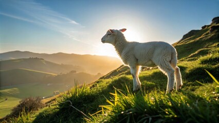 Fototapeta premium Serene Landscape with a White Lamb Symbolizing Judaism on a Sunny Hill