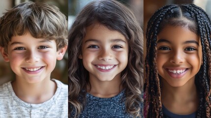 Fototapeta premium Closeup of three smiling children, a white boy with wavy hair and a cheerful face, a Black girl with braided hair and a joyful smile