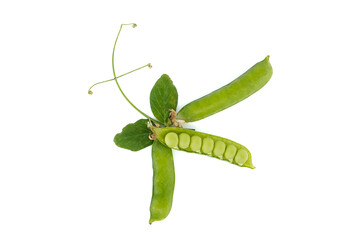 Pea pods surrounded by a green leaf with a pointed tip