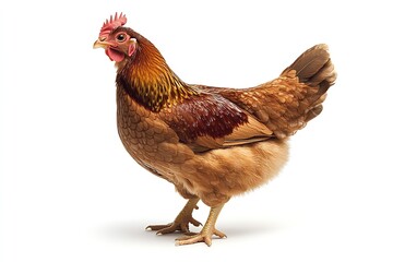 Fototapeta premium Standing on a white background, a profile portrait of a brown chicken collection. Generative Ai