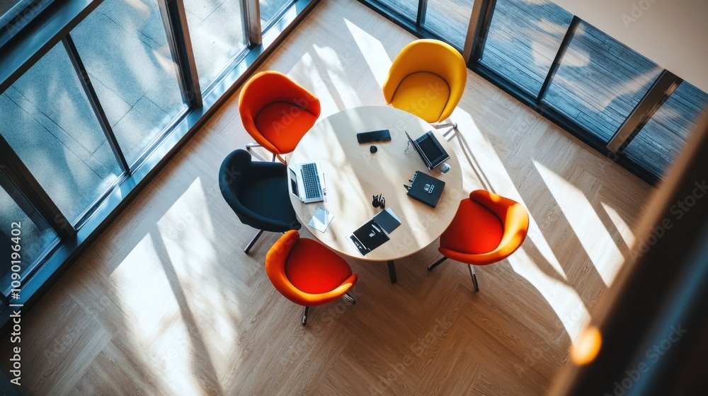 Poster a bright office space with colorful abstract figures collaborating around a circular table, with nat