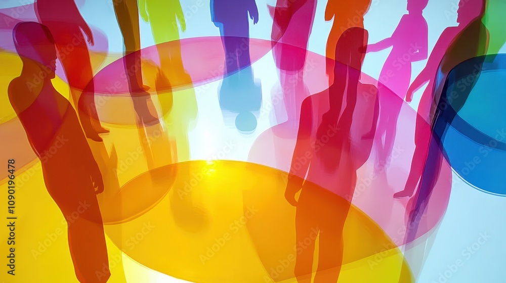 Poster a bright office space with colorful abstract figures collaborating around a circular table, with nat