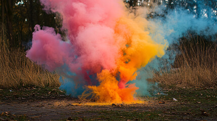 colorful smoke bomb explosion in forest setting - orange pink and blue smoke with autumn grass landscape background