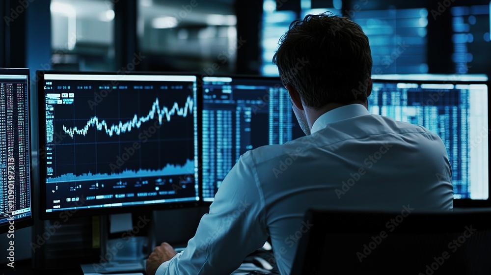 Poster financial analyst working on stock data in modern office environment with multiple monitors displayi