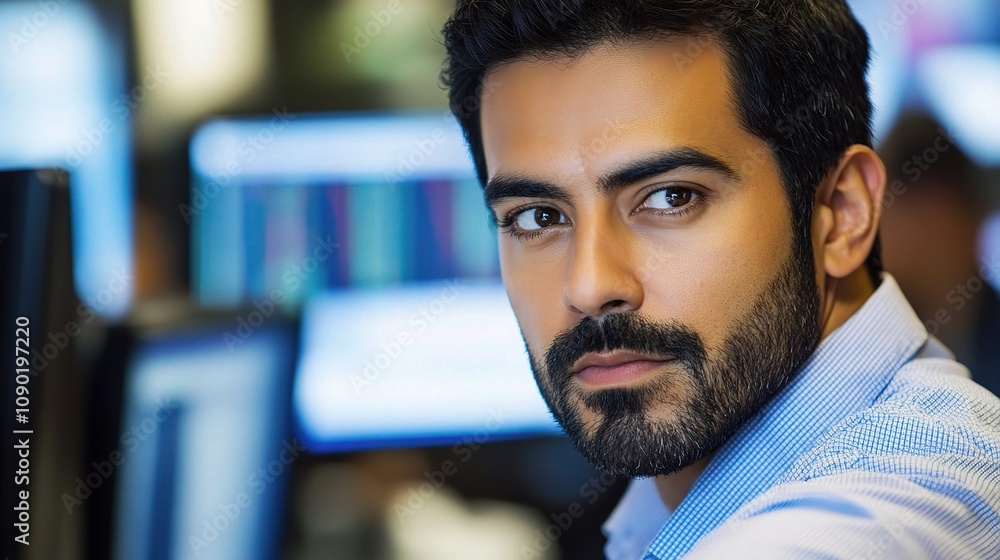 Poster close-up of financial analyst working on stock data in a modern office environment, capturing focuse