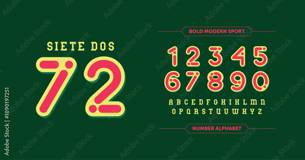 Poster siete dos 72: playful and rounded number design with dotted effects. a cheerful pink-and-yellow pale