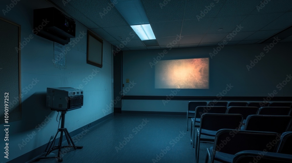 Aufkleber a dimly lit room with a projector displaying an abstract image on the wall.