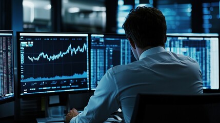Fototapeta premium Financial Analyst Working on Stock Data in Modern Office Environment with Multiple Monitors Displaying Market Trends and Graphs