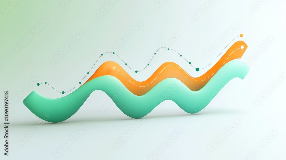 Poster abstract wavy shapes in teal and orange, representing data visualization or trends.