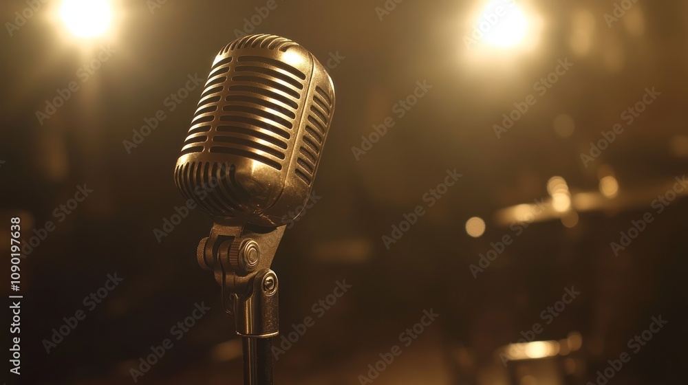 Leinwandbilder a vintage microphone stands in soft light, hinting at a performance or recording setting.