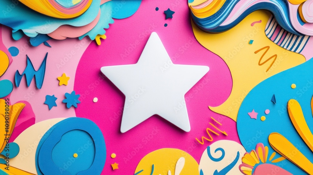 Poster A colorful arrangement of paper shapes surrounding a central white star on a vibrant background.
