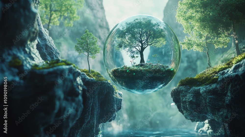 Poster a serene landscape with a floating orb containing a tree, surrounded by lush greenery and water, evo