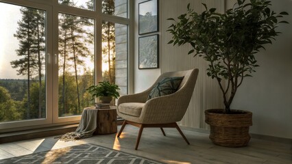 Obraz premium Modern Minimalist Interior with Stylish Chair and Potted Plant in Double Exposure Photography, Clean Lines, Natural Light, Contemporary Design, Cozy Ambiance, Serenity, Home Decor Inspiration