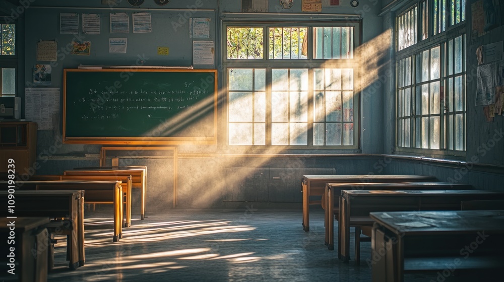 Poster a sunlit classroom with desks and a chalkboard, evoking a serene learning environment.