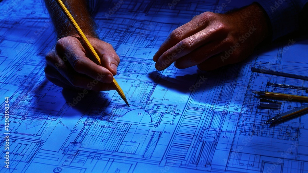 Poster detailed close-up of an engineer's hand drawing design plans with precision on blueprint paper in a 