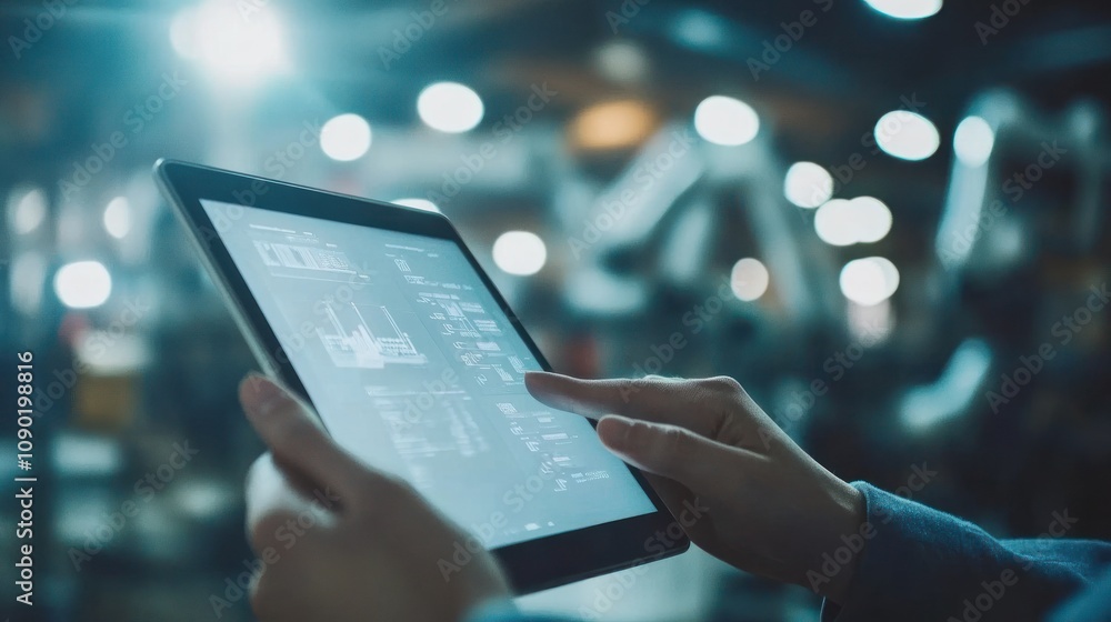 Aufkleber a person using a tablet to analyze data in a modern industrial setting.
