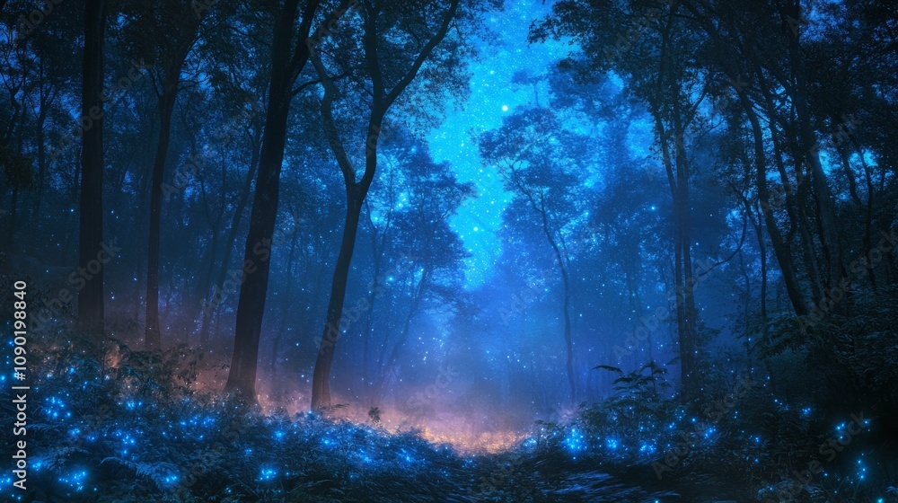 Poster a mystical forest scene illuminated by blue light, creating an enchanting atmosphere and a sense of 