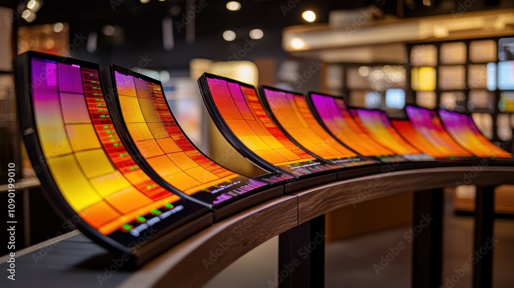Poster A series of curved monitors displaying vibrant, colorful graphics in a modern setting.