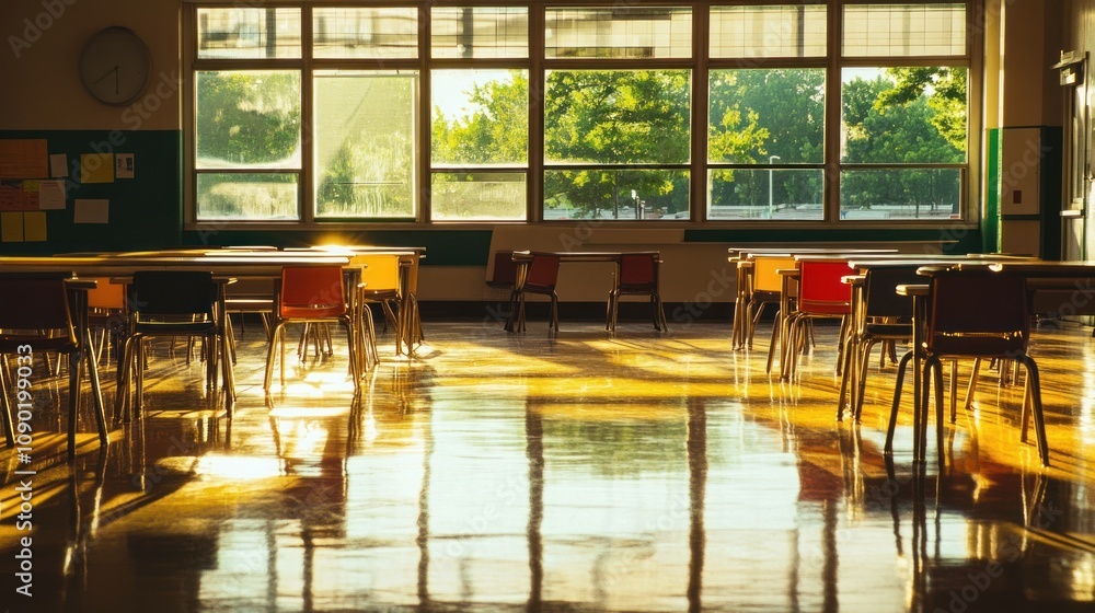 Aufkleber A sunlit classroom with empty desks and chairs, creating a serene atmosphere for learning.
