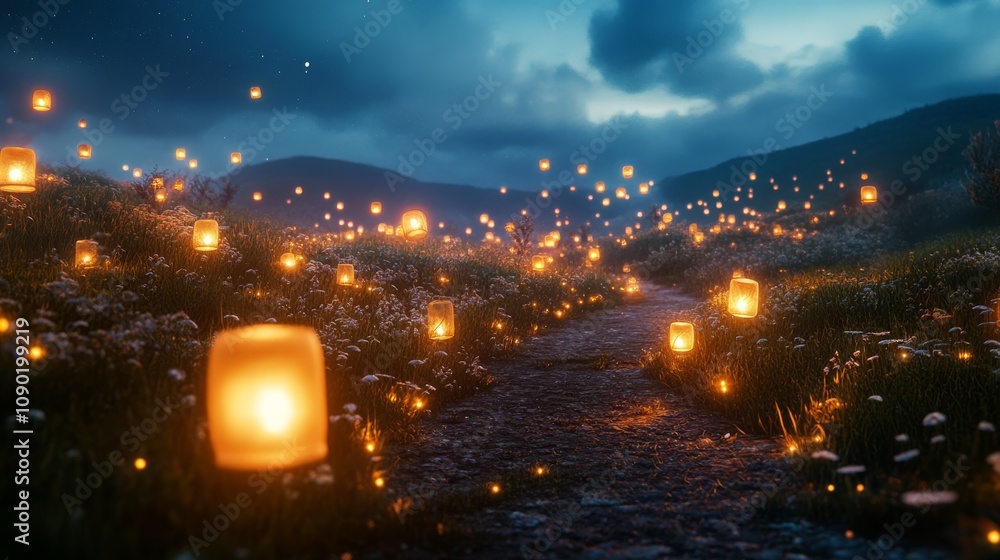 Poster a tranquil scene of glowing lanterns illuminating a winding path through a serene meadow, under a tw