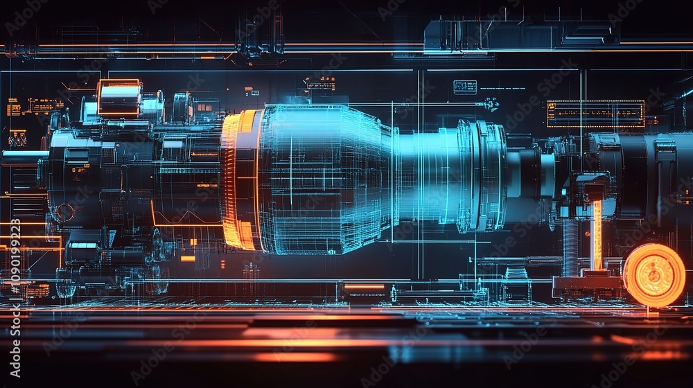 Poster advanced computer aided design systems with technical illustration of a futuristic engine component 