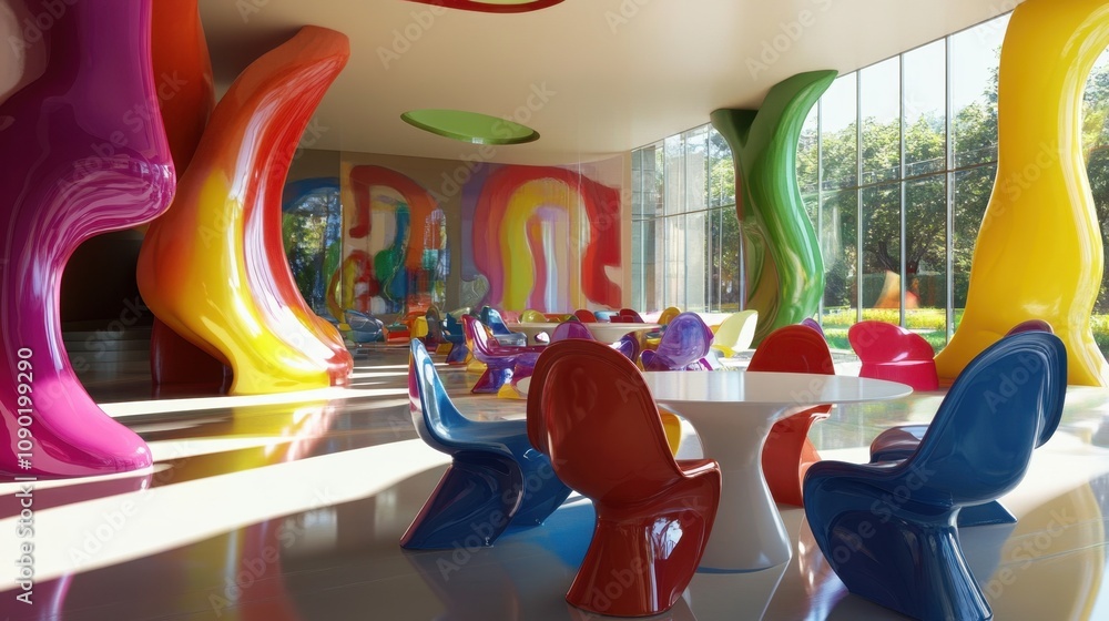 Poster a colorful meeting of abstract figures around a circular table in a bright, open office with a creat