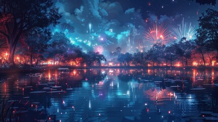 Obraz premium A magical night sky with fireworks exploding over a calm lake in the woods, reflecting in the water, with glowing fireflies in the air.