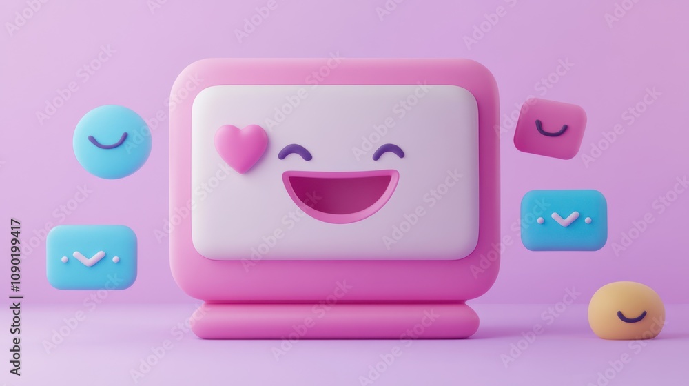 Poster a cheerful, cartoonish computer with smiling icons in a playful, pastel setting.