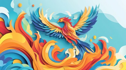 Obraz premium A colorful paper-cut illustration of a phoenix rising from flames, symbolizing courage and renewal.