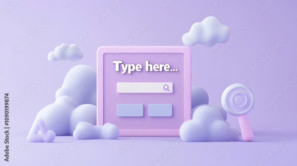 Aufkleber a pastel-themed search interface featuring clouds and a magnifying glass.