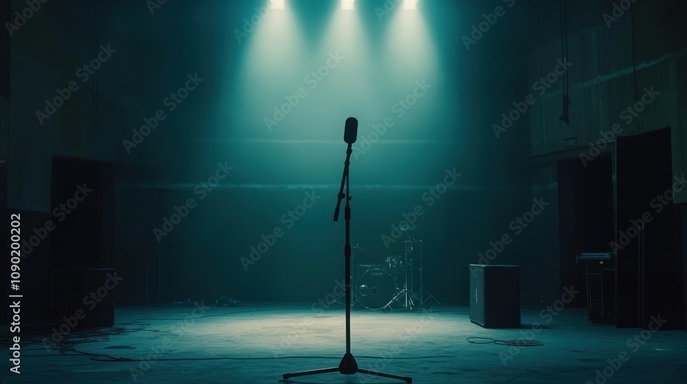 Poster A spotlight shines on a microphone in an empty, dimly lit performance space.