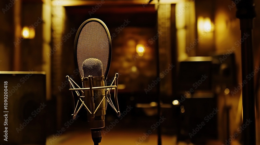 Poster a microphone stands in a dimly lit recording studio, ready for vocal capture.