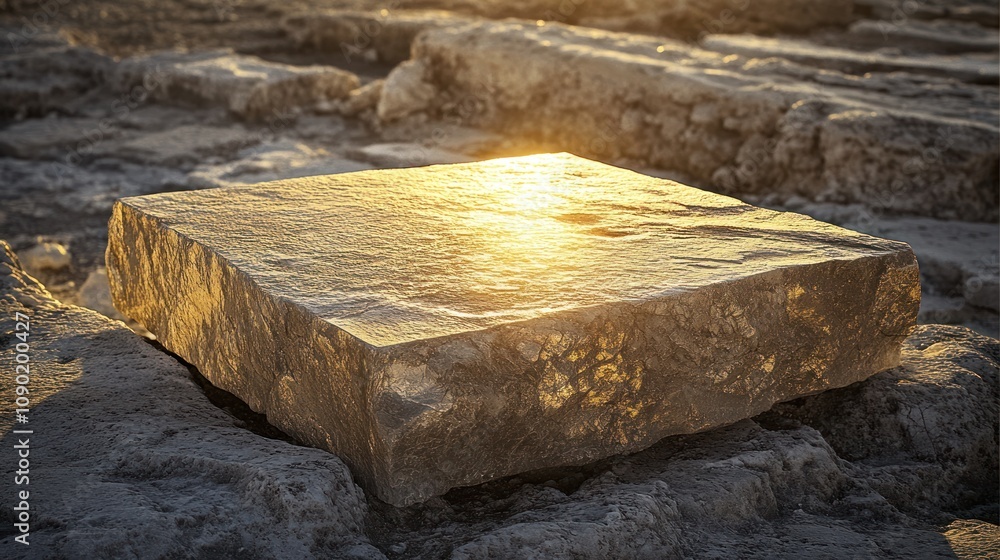 Poster a sunlit stone slab resting on a textured surface, reflecting warm tones of light.