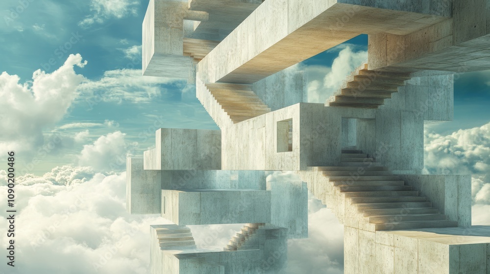 Poster a surreal scene featuring floating concrete stairs ascending through a sky filled with clouds, creat